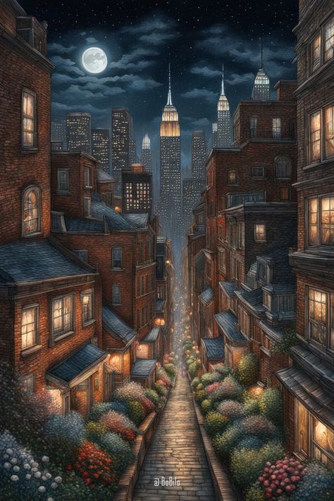 Fantasy Cityscape Inspired by New York: Vintage Style, Moonlit Night Fantasy Cityscape, Urban Illustration, City Skyline At Night, Fantasy Elements, Skyline At Night, American City, New York Vintage, Moonlit Night, Environment Art