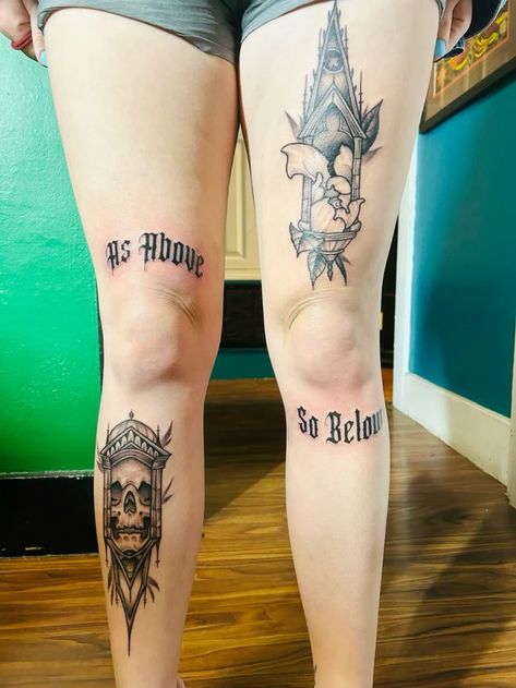 Large Horror Tattoos, Creepy Leg Sleeve Tattoo, Stubborn Tattoo Ideas, Grim Reaper Tattoo Feminine, Fillet Tattoo Ideas, Bride And Groom Tattoos Ideas, Vampire Knee Tattoo, Gothic Shin Tattoo, Salem Massachusetts Tattoo Ideas