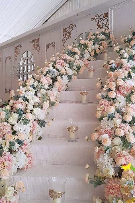 Elegant Wedding Decor Ideas That Will Create Chic Atmosphere ❤ See more: http://www.weddingforward.com/elegant-wedding-decor/ #weddings Wedding Staircase, Flower Runner, Flowers And Candles, Pink Wedding Decorations, Light Pink Wedding, Staircase Decor, Party Deco, Luxury Wedding Venues, Coron