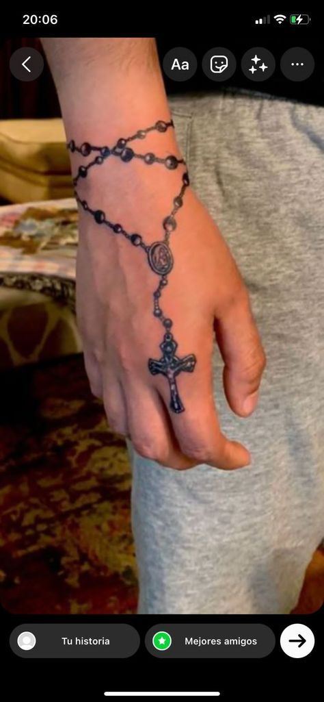 Men Rosary Tattoo, Rosary Finger Tattoos For Women, Cross Necklace Tattoo On Hand, Rosary Wrapped Around Arm Tattoo, Rosery Tattoos Men, Rosery Beads Tattoo, Hand Rosary Tattoo, Rosary Hand Tattoo, Rosary Tattoo For Men