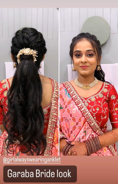 Hairstyles For Garba Night, Marriage Hairstyle Indian, Free Hair Hairstyles For Saree, Side Plaits, Indian Hairstyles For Saree, South Indian Wedding Hairstyles, Bridal Hairstyle Indian Wedding, Hair Style On Saree, Bridal Mehandi