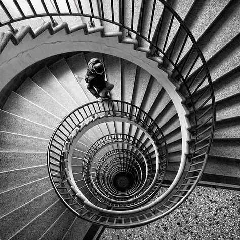 I like the depth in the picture and the focus point as its not directly in the centre of the picture. Line Photography, One Point Perspective, Perspective Photography, 타이포그래피 포스터 디자인, Point Perspective, Perspective Art, Black And White Photograph, The Spiral, Composition Photography