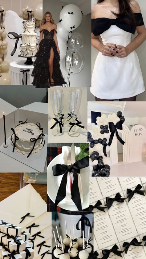 🖤 Black Tie Decorations Party Ideas, Black And White Aesthetic Birthday, Black And White Birthday Theme Decoration, Black Tie Birthday Party Ideas, Black And White Sweet 16 Theme, 17th Birthday Ideas Party, Birthday Set Up, Black And White Birthday Theme, Black And White Party Theme