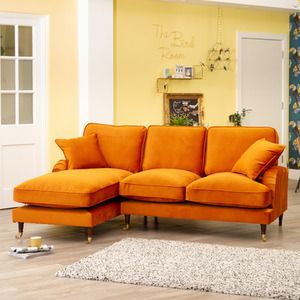 Yellow Corner Sofa, Mustard Sofa, Burnt Orange Living Room, Velvet Corner Sofa, Velvet Room, Orange Sofa, Living Room Orange, Room Color Schemes, Sofa Colors