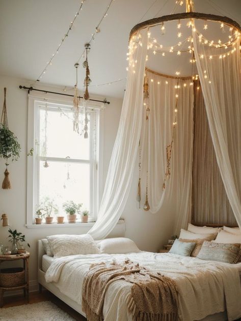 Canopy Bed, Teen Bedroom, String Lights, Decor Ideas, Ceiling, Bedroom, Bed, White