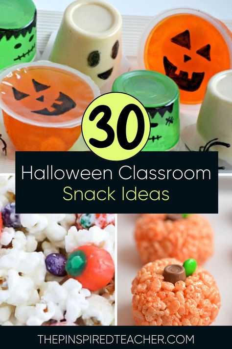 Halloween Food For Classroom Party, Easy Halloween Snacks For Class Party, Class Snacks Halloween, Easy Halloween Snacks For Kids School Party, Halloween Snacks Packaged, Fall Snacks For School Party, Halloween Snack Classroom, Halloween Snack School, Halloween Prek Snacks