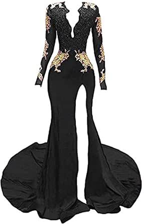 Amazon Prom Dresses, Black And Gold Prom Dress, Black And Gold Gown, Black Mermaid Dress, Gown Gold, Gold Prom Dresses, Long Sleeve Evening Gowns, Prom Girl Dresses, Senior Prom Dresses