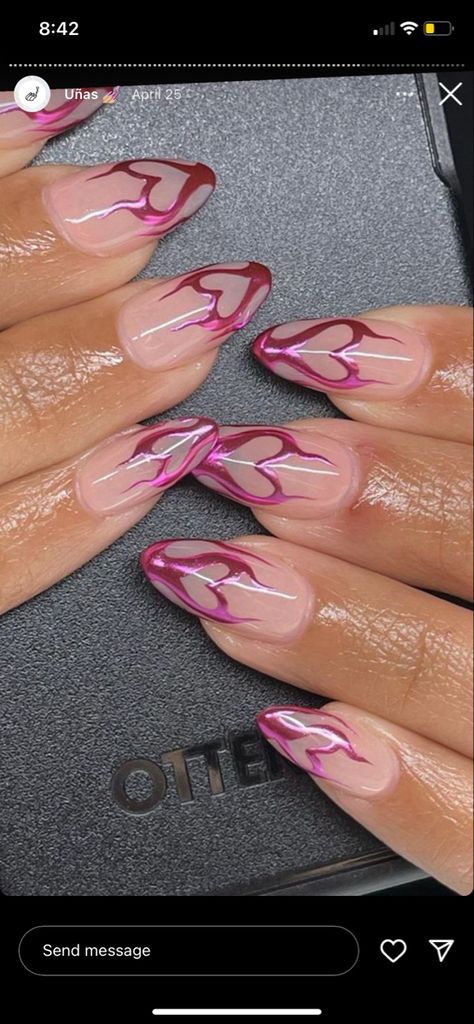 Flame Nails Chrome, Funky Nails Pink, Pink And Red Flame Nails, Starfire Inspired Nails, Pink Chrome Flame Nails, Hot Pink Chrome Nails Designs, Flame Heart Nails, Funky Spring Nails, Heart Flame Nails