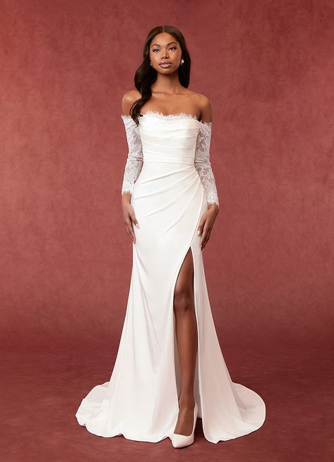 Long Waist Wedding Dress, Wedding Dress Fitted Simple, Fitted Winter Wedding Dress, Flared Wedding Dress, Sleek Wedding Dress With Sleeves, Off The Shoulder Wedding Dress With Sleeves, Wedding Dress Styles For Short Women, Azazie Wedding Dresses, Wedding Dress Sleeves Lace