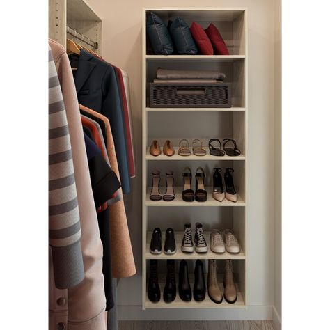 Dotted Line™ Grid 25" W Closet System Starter Kit & Reviews | Wayfair Easy Track Closet, Narrow Closet Design, Narrow Closet, Wood Closet Systems, Wood Closet, Cube Storage Shelves, Storage Solutions Closet, Closet Shoe Storage, Closet Kits