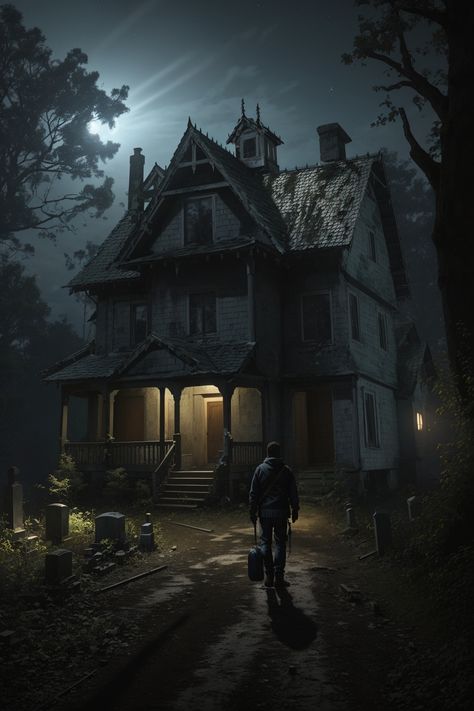 A ghost hunter searches for ghosts in a haunted house with a cemetery in the front yard during the night Haunted Cabin, Haunted House Pictures, Horror Collection, Ghost Hunter, Haunting Photos, Godzilla Wallpaper, Ghost House, House Pictures, Scary Games