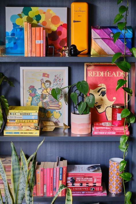 Colorful Shelf Decor, Maximalism Bookshelf, Maximalism Shelves, Maximalist Bookshelf Aesthetic, Shelf Decor Maximalist, Maxamilist Shelf Decor, Colourful Shelves, Eclectic Bookshelf Styling, Minimalist Eclectic Home