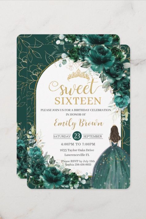 Sweet 16 Birthday Emerald Green Floral Princess Invitation #sixteenbirthday #16thbirthday #birthday #happybirthday #birthdaycards #birthdayparty #elegant #sweetsixteen #Emerald #floral Emerald Green Sweet 16, Green Sweet 16, Princess Invitation, Lollipop Party, Princess Invitations, Sixteenth Birthday, 16 Birthday, Sweet 16 Invitations, Sweet 16 Birthday