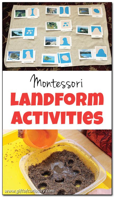 5 fun Montessori landform activities that will help kids recognize basic land and water forms in no time! || Gift of Curiosity Landform Activities, Montessori Extensions, Landforms Activities, Water Forms, Land Forms, Montessori Geography, Geography For Kids, Geography Activities, Montessori Lessons