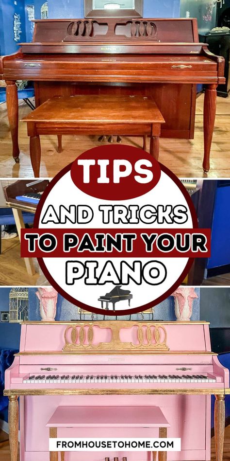 How To Paint And Gold Leaf A Piano | My Living Room Mood Board Piano Painting Ideas, Piano Decorating Ideas, Painting A Piano, Piano Makeover, Diy Piano, Paint Piano, Diy Glam Decor, Pink Decor Ideas, Piano Painting