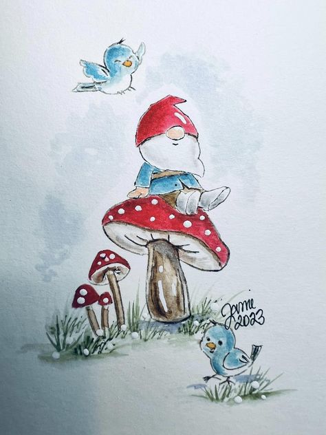 Cute Toadstool Drawing, Birthday Gnome Drawing, Hand Drawn Cards, Whimsical Art Paintings, Art Impressions Cards, Watercolor Birthday, Art Impressions, Happy Paintings, Bird Drawings