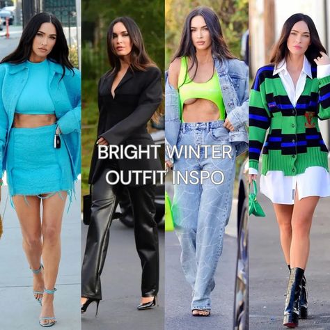 Megan Fox is a Bright Winter, characterized by her dark hair, pale skin with blue undertones, and bright blue eyes. Bright Winters excel in high-contrast, clear colors like bright reds, blues, and purples, while muted tones and pastels dull their look. Online color analysis is convenient, affordable, and accurate. Soft Dramatic Bright Winter, Vibrant Winter Outfits, Bright Winter Wardrobe, Jewel Winter House Of Colour, Bright Winter Celebrities, Clear Winter Outfits, Bright Winter Color Palette Outfits, Bright Winter Hair Color, Clear Winter Color Palette