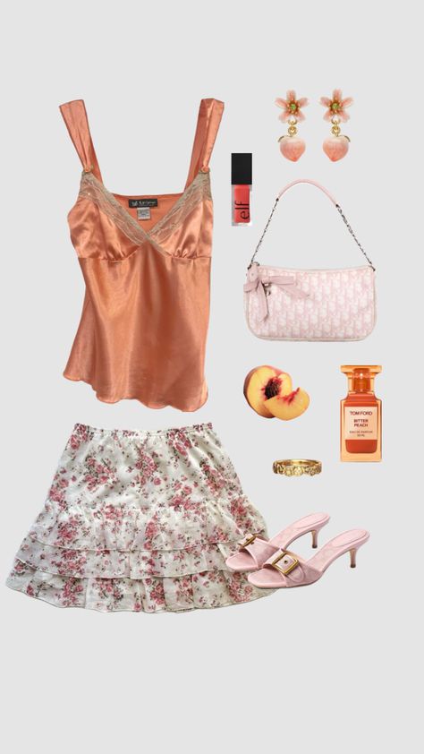 outfit inspired by peaches 🍑 #outfit #outfitideas #outfitaesthetic #peaches #beauty #vibes #silklacecami #vintage #floralminiskirt #dior #coach #goldjewelry #pink #coral #coquette #spring #summer Night Out Outfits For Women, Outfit Inspo Collage, Fruit Outfit, Coquette Spring, Gold Kitten Heels, Tinted Lip Oil, Pink Quartz, Lip Oil, Jojoba Oil