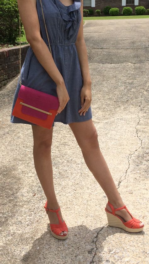 You wouldn’t believe this whole outfit came from the Orange Wedges Outfit, Trendy Orange Wedge Sandals For Spring, Orange Wedge Sandals For Spring, Trendy Orange Wedge Sandals For Summer, Spring Orange Wedge Sandals, Orange Shoes Outfit, Wedges Shoes Outfit, Wedges Outfit, Hot Orange