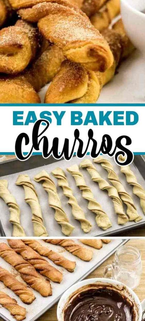 These churros are the best churros recipe! No frying, just use packaged crescent dough, twist, and bake! We've got a special Mexican chocolate dipping sauce that makes these cinnamon sugar churros irresistible! #churros #baked #crescentdough #recipe #easyrecipe #breakfast #dessert #dessertrecipe #cinnamonsugar #churrosrecipe Baked Churros Recipe, Best Churros Recipe, Mexican Dessert Recipes Easy, Baked Churros, Chocolate Dipping, Dessert Thermomix, Chocolate Dipping Sauce, Smores Dessert, Churros Recipe