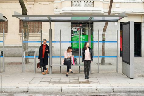 Group of people waiting separately under a shelter at a bus stop in the city Bus Shelters, City Bus, Story Board, Group Of People, Poster Ideas, Bus Station, Bus Stop, Bleach Anime, Character Design References