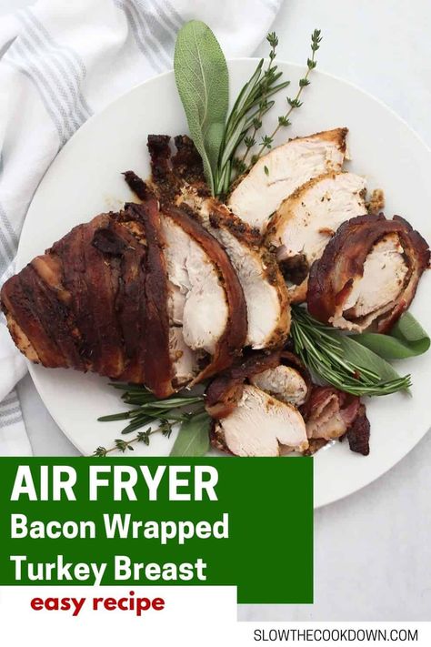 Turkey breast is a great alternative to cooking a whole turkey this Thanksgiving or Christmas, and is perfect if you are hosting a smaller gathering. Wrapped in bacon, this turkey breast is brined, seasoned and cooked to perfection in the air fryer. It's wonderfully flavored and deliciously juicy. Turkey Breast Bacon Wrapped, Bacon Wrapped Turkey Breast, Thanksgiving Turkey Breast, Bacon Wrapped Turkey, Brined Turkey Breast, Turkey Bacon Wrap, Air Fryer Bacon, Turkey Wraps, Brine Recipe