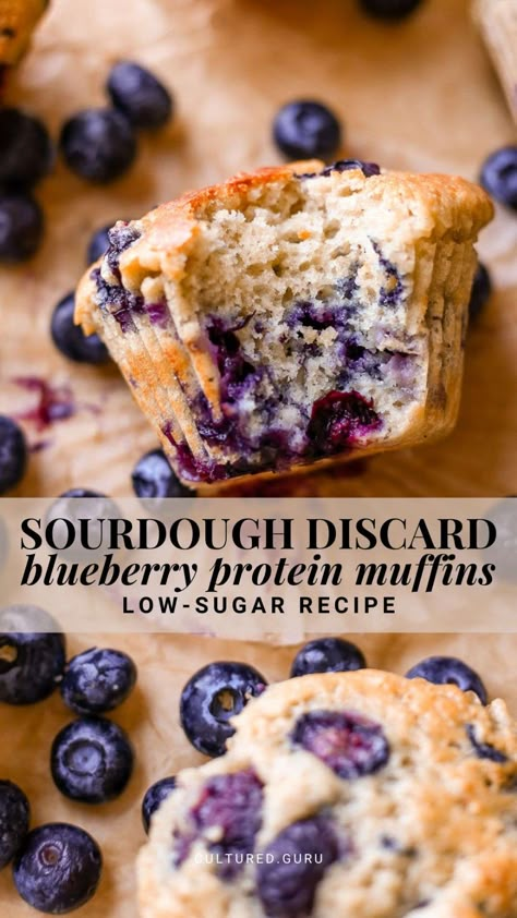 A high-protein sweet snack that uses up some sourdough discard? Sign us up! Moist, rich, and bursting with flavor—the perfect baking recipe for blueberry season. Enjoy these blueberry protein muffins for breakfast, a snack, or dessert. #blueberry #muffins #protein Protein Breakfast To Go, Sourdough Recipes Healthy, Protein Sourdough Muffins, Protein Sourdough Discard Recipes, Sourdough Muffins Healthy, Homestead Snacks, High Protein Sourdough Discard Recipes, Healthy Sourdough Muffins, Protein Sourdough Recipes