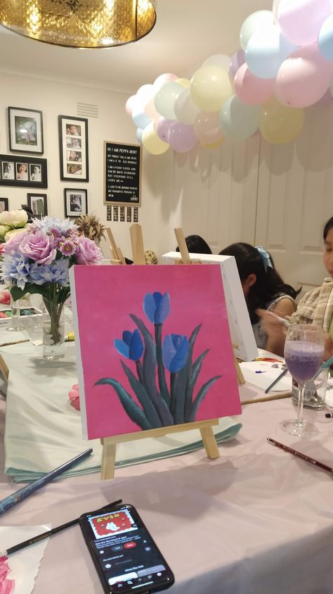 birthday, party, 17th, seventeeth, sip and paint, painting, art, artistic, floral, dinner, tulips Paint And Sip Ideas Parties Decorations, Sip And Paint Party Ideas, Hens Ideas, Paint And Sip Party, Painting Birthday Party, Sip And Paint, Birthday Painting, Painting Birthday, 27th Birthday