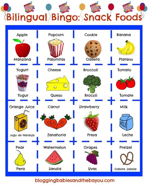 Teach Your Children Spanish while having fun! Bilingual Bingo - Spanish / English  Snack Food Bingo ESL Games Spanish Bingo Free Printable, Beginner Spanish Worksheets, Food Bingo, Food In Spanish, Spanish Games For Kids, Preschool Spanish Lessons, Ingles Kids, Spanish Learning Activities, Preschool Spanish