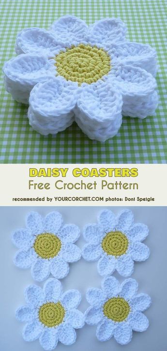 I would so use these cute Daisy Flower Coasters in my kitchen for drinks! - #Freecrochetpatterns #crochet #daisies #flowers Coasters Ideas, Crochet Coasters Free Pattern, Flower Coasters, Crochet Coaster Pattern, Crochet Daisy, Granny Squares Pattern, Ideas Crochet, Crochet Flower Patterns, Crochet Tops