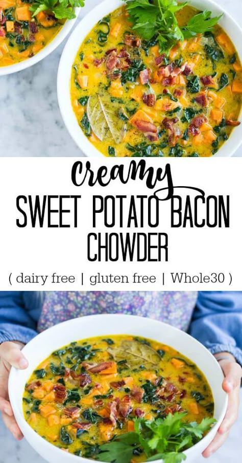 Creamy Sweet Potato Bacon Chowder: a cozy chowder loaded with sweet potatoes, kale, and bacon. It’s hearty, nutritious and so comforting! Dairy free. Gluten free. Paleo and Whole30. Sweet Potato Bacon, Bacon Chowder, Potato Bacon, Paleo Soup, Resep Salad, Dairy Free Gluten Free, Aip Recipes, Roast Potatoes, Potato Cakes