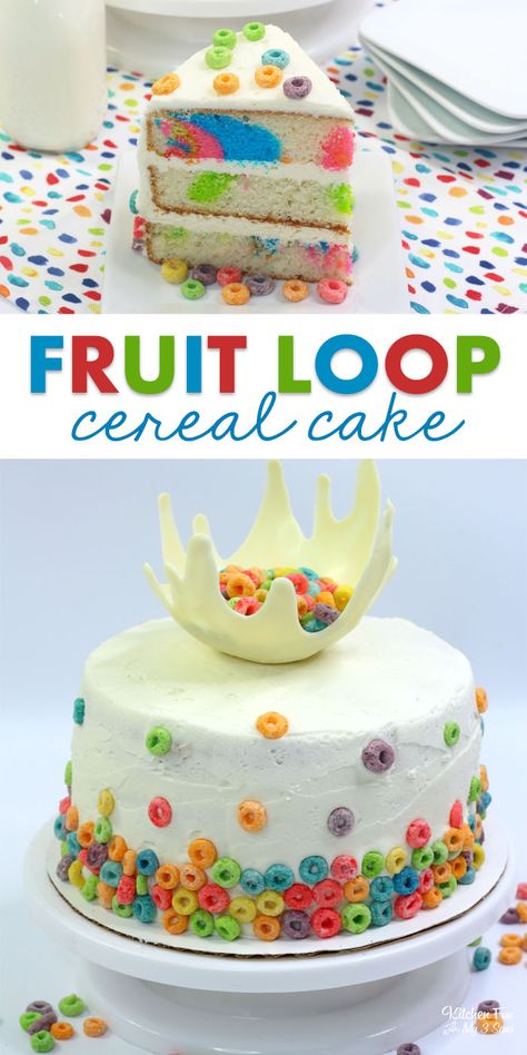 Fruit Loop Cake with Vanilla Buttercream Frosting for anyone who loves cereal! Such a fun birthday cake idea. #food #recipe #cereal #cake #birthday Fruit Loop Cake Recipe, Fruit Loops Cake, Cereal Bowl Cake, Froot Loops Cake, Cereal Cakes Ideas, Fruit Loop Cake, Cereal Cake, Cereal Party, Coke Cake