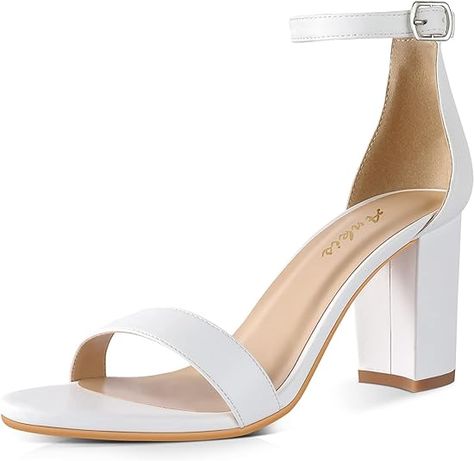 Ankis Heels for Women Open Toe Ankle Strap Chunky Heel Sandals 2.75 Inch White Strappy Heels, Ankle Strap Chunky Heels, Nude High Heels, White High Heels, Perfect Heels, Chunky Heel Pumps, Heels For Women, Chunky Heels Sandals, Thick Heel