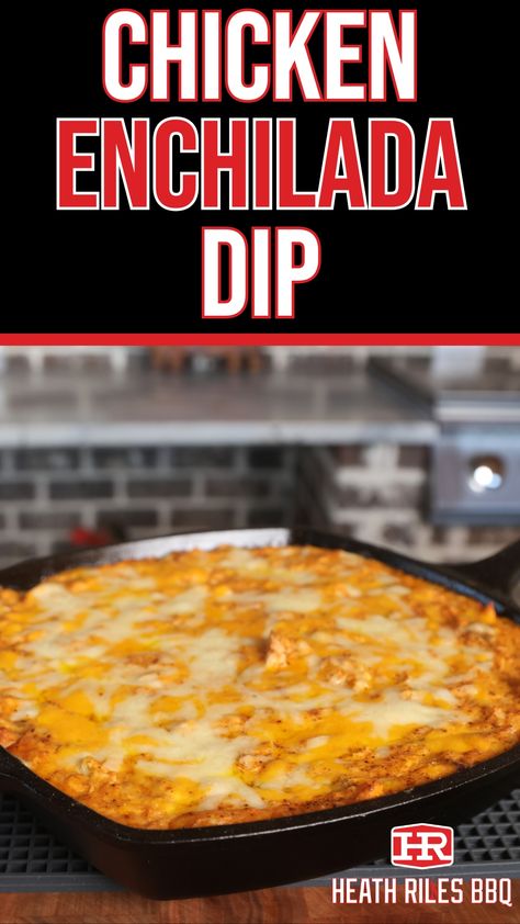 Dips are the ultimate game-day snack, and my Chicken Enchilada Dip is no exception! Packed with zesty, creamy Tex-Mex flavors, it’s easy to make in under an hour. Perfect for football parties, potlucks, or a fun snack, this mild dip is a hit with everyone.    For the ultimate flavor, grill it on the Traeger Timberline 1300 and take your BBQ game up a notch. Whether it’s the star of the show or part of a spread, this dip will have everyone coming back for more! Chicken Enchiladas Dip Recipe, Canned Chicken Dip Recipes, Mexican Chicken Dip Recipe, Mexican Chicken Dip, Chicken Enchalada, Bbq Chicken Rub, Cream Cheese Enchiladas, Enchilada Dip, Chicken Enchilada Dip