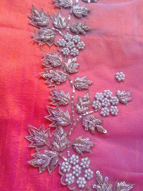 Silver Work Embroidery, Silver Maggam Work Designs, Aari Work Silver Designs, Silver Beads Work On Blouse, Silver Blouse Work, Silver Aari Work Blouse Simple Design, Silver Work Blouse Designs Indian, Silver Maggam Work Blouses, Hand Work Dress Design