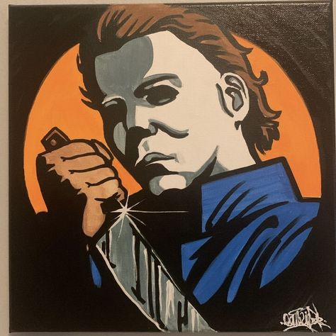 Pumpkin Painting Ideas Michael Myers, Michael Myers Pumpkin Painting, Halloween Movie Paintings, Drawings Of Michael Myers, Saw Pumpkin Painting, Michael Myers Painting Easy, Michael Myers Painting Canvases, Micheal Myers Painting Canvas, Horror Movie Paintings