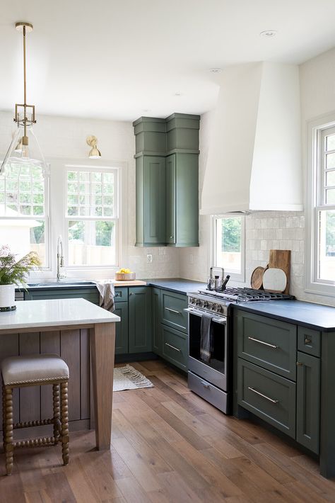 FALL CREEK HISTORIC RENOVATION — aaNovo Countertop Kitchen Ideas, Black Countertop, Soapstone Countertops, Historic Renovation, Black Countertops, Fall Creek, Glazed Ceramic Tile, Dream Kitchens, Green Cabinets