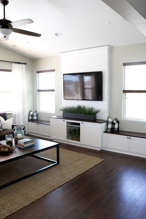 Built In Tv Wall Unit Between Windows, Tv Built In With Windows, Tv Window Wall, Tv Wall With Windows Either Side, Tv Wall Between Two Windows, Built In Media Center, Built In Entertainment Center, Living Room Built Ins, Living Tv