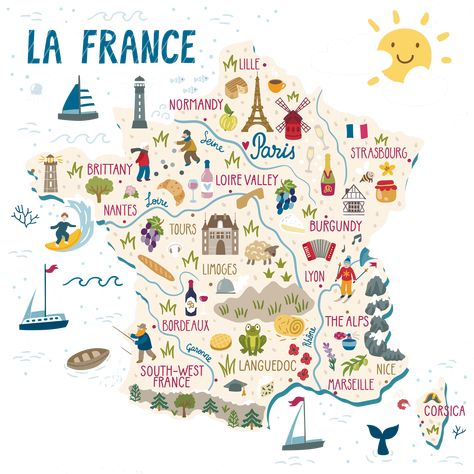 Go to France - Carolyn Boyd - France Travel Expert #france #francetravel #francearticles #frenchholidays #francevacation France Travel Map, France Travel Journal, Map Of France Printable, France Map Aesthetic, France Map Illustration, France Illustration, French Icons, Creative School Project Ideas, Travel Art Journal