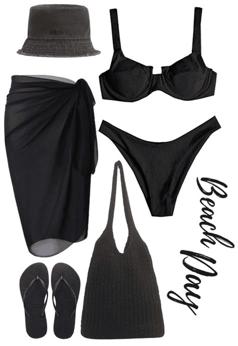 Black Beach Aesthetic Outfits, Black Swimwear Aesthetic, Beach Day Aesthetic Outfits, Black Beach Club Outfit, Swim Day Outfit, Dark Beach Outfit, Black Bathing Suit Outfit, Black Bathing Suit Aesthetic, Beach Outfit Png