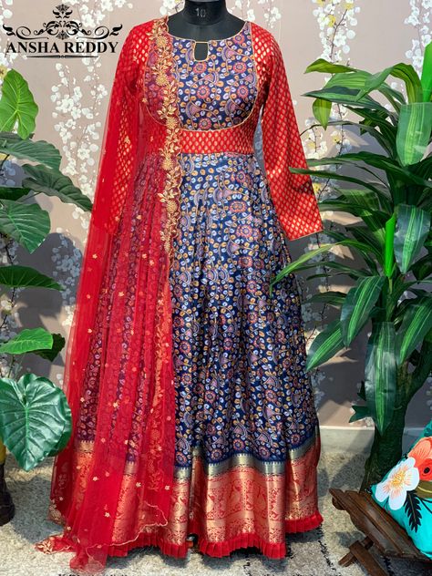 Patola Long Frock Designs, Kalamkari Frocks, Grand Dresses, Pakistani Maxi, Pakistani Maxi Dresses, Saree To Dress, Indian Crop Tops, Blue Frock, Umbrella Dress