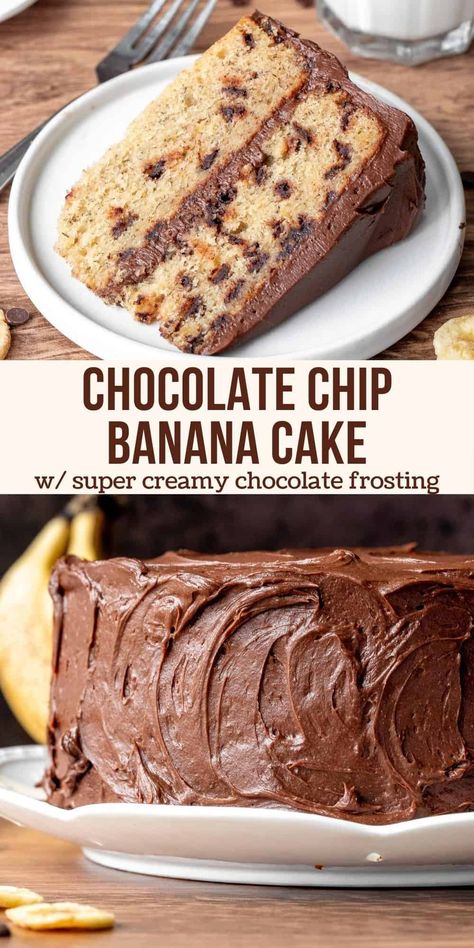 Layers of moist banana cake dotted with chocolate chips and frosted with the creamiest chocolate buttercream - this banana chocolate chip cake is pure heaven. It's incredibly flavorful thanks to the bananas, but not overly sweet either. This recipe can also be adapted and made in a 9x13 inch pan if you prefer. #banana #chocolatechip #cake #layercake #chocolatefrosting from Just So Tasty Chocolate Banana Cupcakes, Banana Chocolate Chip Cake, Creamy Chocolate Frosting, Moist Banana Cake, Chocolate Chip Cake Recipe, Banana Bread Cake, Chocolate Banana Cake, Banana Dessert Recipes, Chocolate Banana Muffins