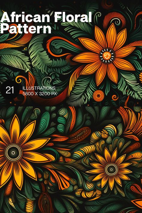 African Floral patterns Graphics African Flowers Drawing, African Floral Pattern, African Pattern Design Graphics, Ethiopia Art, African Pattern Design, African Plants, African Colors, Batik Art, African Flowers