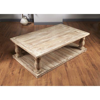 Foundry Select Dickens Four Column Coffee Table Size: 20.5" H x 68" W x 40" D, Color: Sand Wood Coffee Table Living Room, Shelf Coffee Table, Weathered Wood Finish, Wood Balusters, Reclaimed Flooring, Coffee Table Size, Floor Shelf, Coffee Table Farmhouse, Romantic Cottage