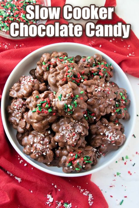 Slow Cooker Chocolate Candy is an easy recipe perfect for the holiday season. This chocolate and peanut candy makes a great gift idea! Christmas Crockpot Recipes, German Chocolate Bars, Crockpot Christmas, Crockpot Candy, Christmas Breakfast, Chocolate Candy, Candy Recipes, Christmas Desserts, Crockpot Recipes