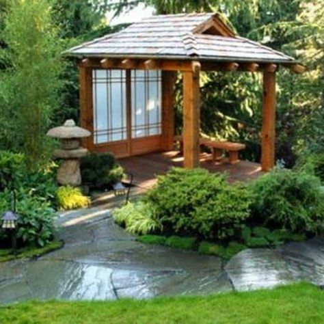 Have you ever wondered what the difference is between a Pergola, perdoga and a pagoda? We carried out some research to see what the difference is between these garden accessories and this is what we found > Cheap Fencing, Mary Reynolds, Small Japanese Garden, Pagoda Garden, Japanese Garden Landscape, Garden Pergola, Japanese Tea House, Fencing Ideas, Japan Garden