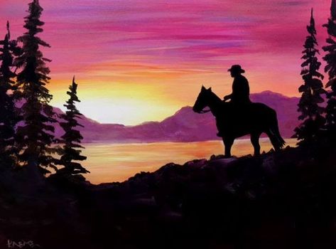 Boho Western Painting, Easy Horse Painting Ideas, Horse Silhouette Painting, Cowboy Paintings Easy, Western Paintings Canvases, Easy Western Paintings, Western Canvas Painting Easy, Western Painting Canvas, Western Painting Ideas