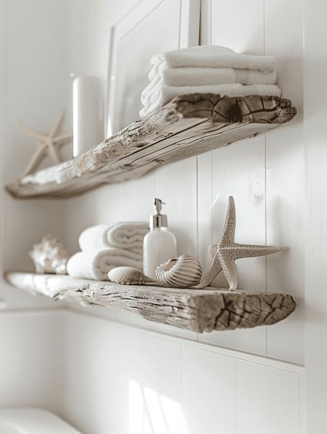 Beach Themed Bathroom Decor: Driftwood Shelves Guest Bathroom Coastal, Vintage Beach Interior Design, Drift Wood Shelves, Lake Themed Bathroom, Driftwood Bathroom Ideas, Modern Beach Bathroom Ideas, Diy Beach House Decor, Coastal Bathroom Ideas Beach Themes, Hawaiian Bathroom Ideas