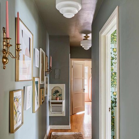 Brighten Up Dark Hallway, How To Make A Hallway Look Bigger, How To Make A Long Hallway Look Shorter, Painting Long Hallways, Hallway Gallery Wall Ideas, Brighten Dark Hallway, Hallway Refresh, Decorate Hallway, Narrow Foyer