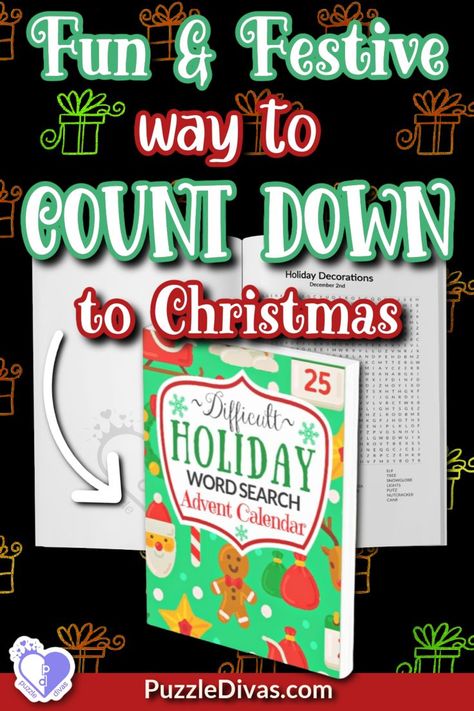 Count down to Christmas with this fun experience Advent calendar activity puzzle book that makes a great gift idea for adults & teens. Difficult Holiday Word Search Advent Calendar by PuzzleDivas is a unique Xmas Advent calendar that has a daily word find game for every day in December instead of candy or chocolate--so you can be sure it's healthy for your brain and body! This Advent calendar idea is great for women, young adults, grandma, grown ups, seniors, teenagers, employees, or yourself! Employee Advent Calendar, Advent Calendar Activity, Advent Calendar For Adults, Alternative Advent Calendar, Adult Advent Calendar, Holiday Word Search, Holiday Word, Cool Advent Calendars, Advent Calendar Activities